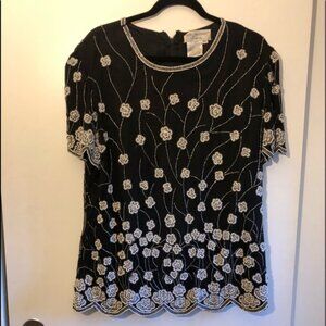 Beaded Black & White 100%Silk Floral Papell Boutique Evening Top, Size XL
